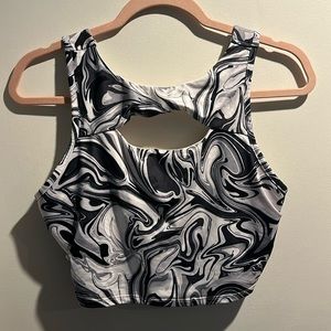 Black-and-white, marbled, sports bra with keyhole